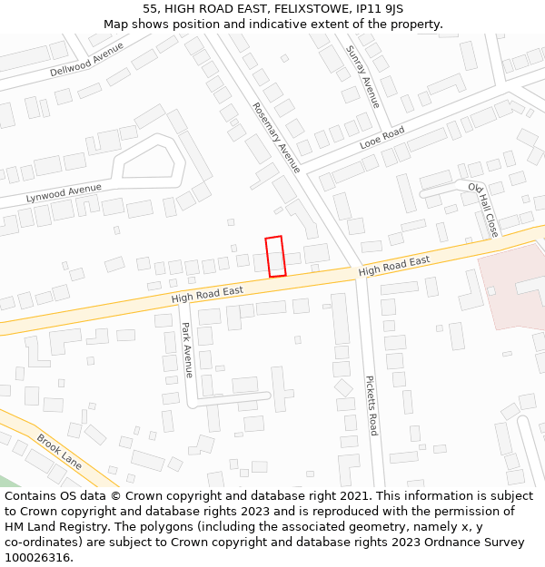 55, HIGH ROAD EAST, FELIXSTOWE, IP11 9JS: Location map and indicative extent of plot