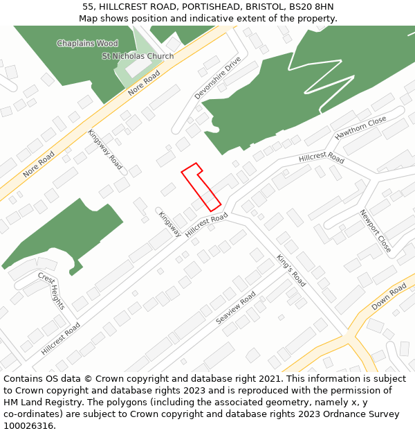 55, HILLCREST ROAD, PORTISHEAD, BRISTOL, BS20 8HN: Location map and indicative extent of plot