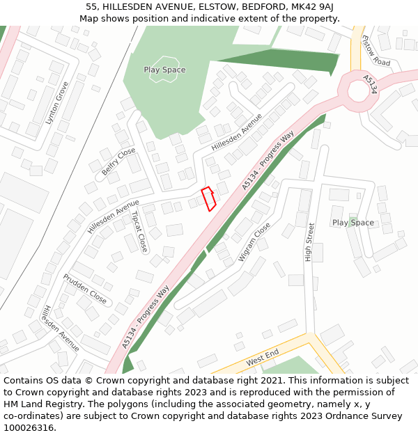 55, HILLESDEN AVENUE, ELSTOW, BEDFORD, MK42 9AJ: Location map and indicative extent of plot