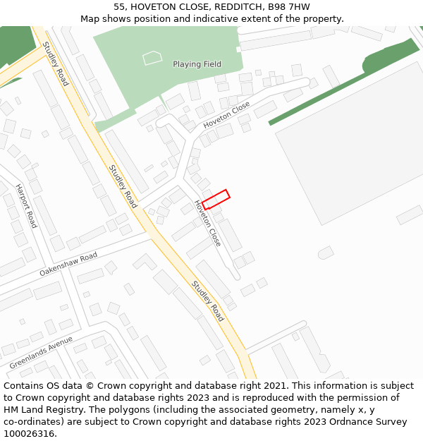 55, HOVETON CLOSE, REDDITCH, B98 7HW: Location map and indicative extent of plot