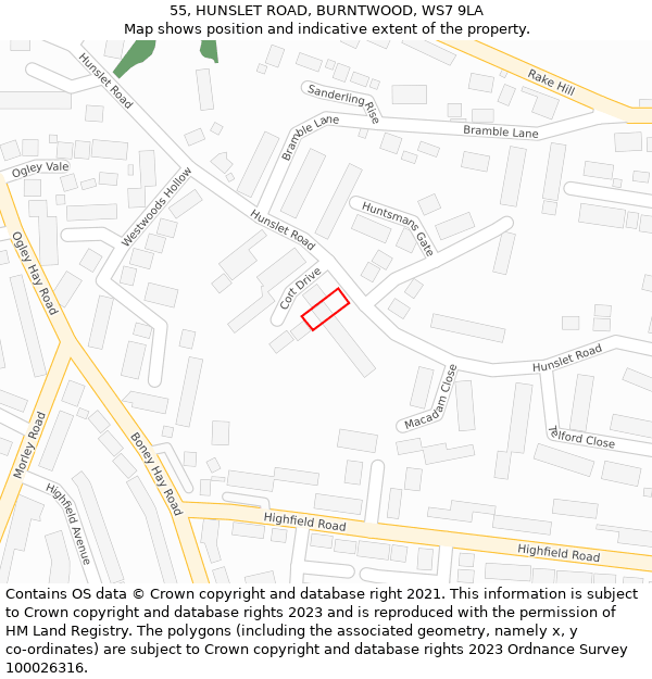 55, HUNSLET ROAD, BURNTWOOD, WS7 9LA: Location map and indicative extent of plot