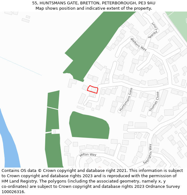 55, HUNTSMANS GATE, BRETTON, PETERBOROUGH, PE3 9AU: Location map and indicative extent of plot