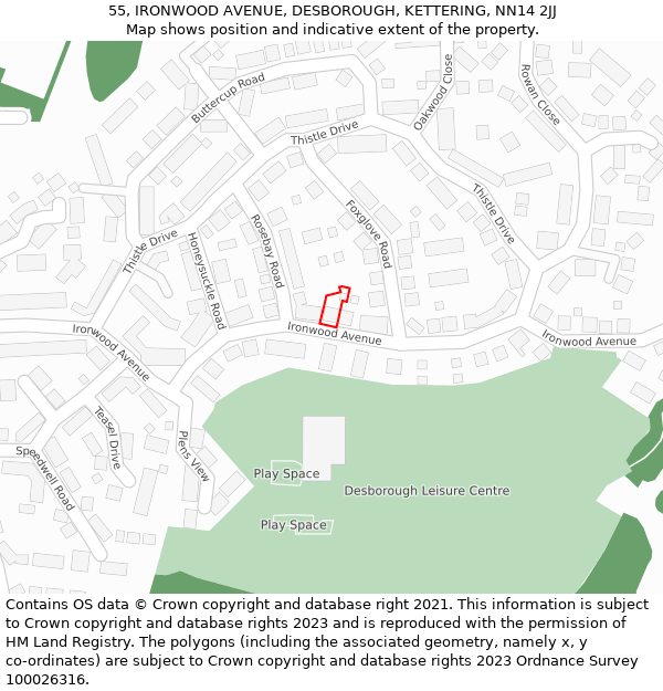 55, IRONWOOD AVENUE, DESBOROUGH, KETTERING, NN14 2JJ: Location map and indicative extent of plot