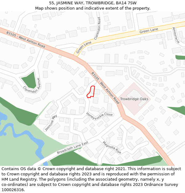 55, JASMINE WAY, TROWBRIDGE, BA14 7SW: Location map and indicative extent of plot