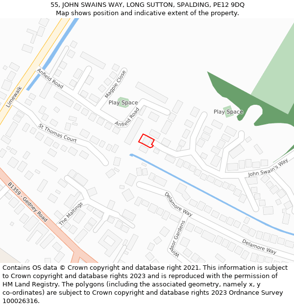 55, JOHN SWAINS WAY, LONG SUTTON, SPALDING, PE12 9DQ: Location map and indicative extent of plot