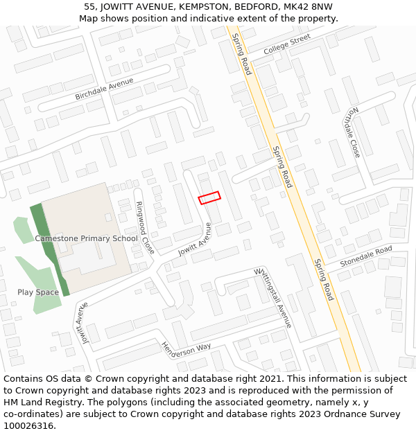 55, JOWITT AVENUE, KEMPSTON, BEDFORD, MK42 8NW: Location map and indicative extent of plot