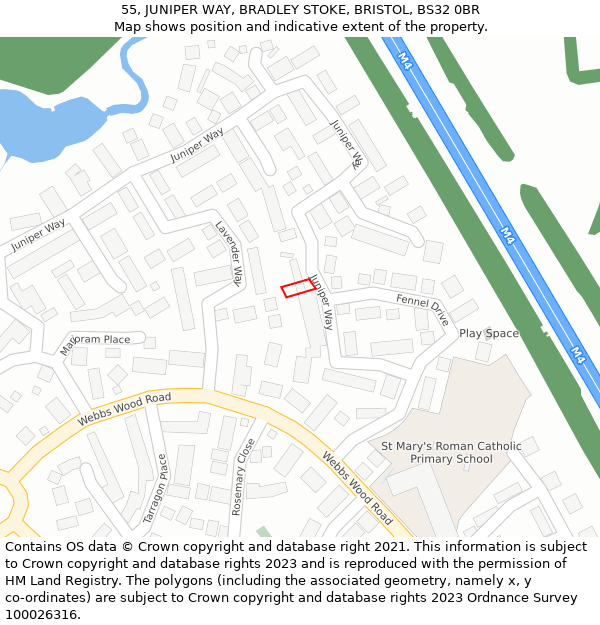 55, JUNIPER WAY, BRADLEY STOKE, BRISTOL, BS32 0BR: Location map and indicative extent of plot