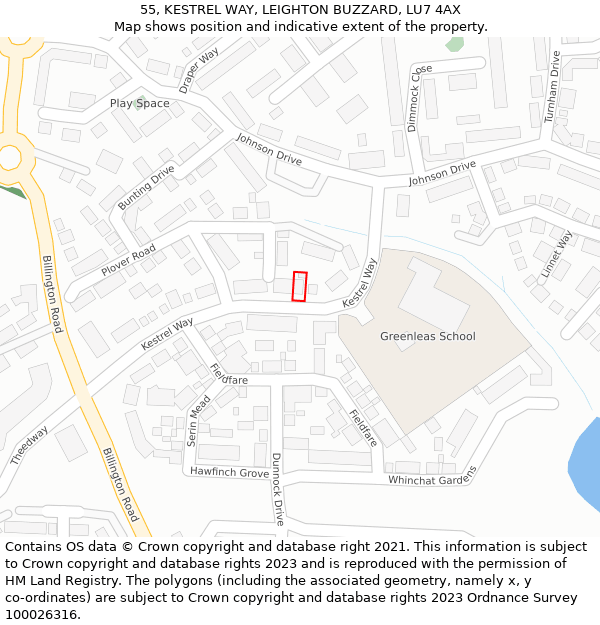 55, KESTREL WAY, LEIGHTON BUZZARD, LU7 4AX: Location map and indicative extent of plot