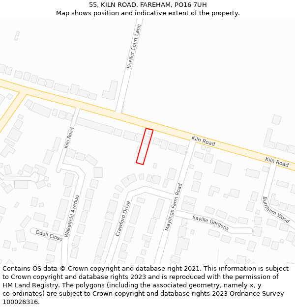 55, KILN ROAD, FAREHAM, PO16 7UH: Location map and indicative extent of plot