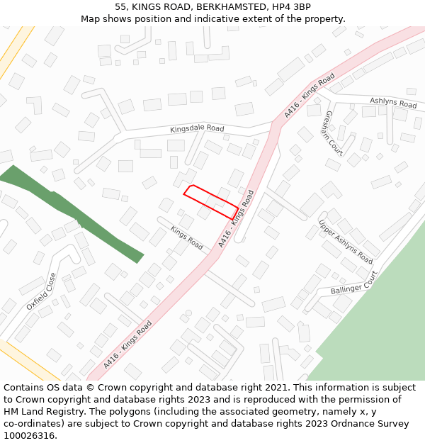 55, KINGS ROAD, BERKHAMSTED, HP4 3BP: Location map and indicative extent of plot