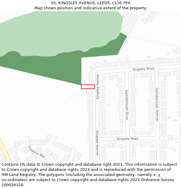 55, KINGSLEY AVENUE, LEEDS, LS16 7PA: Location map and indicative extent of plot