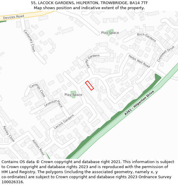 55, LACOCK GARDENS, HILPERTON, TROWBRIDGE, BA14 7TF: Location map and indicative extent of plot