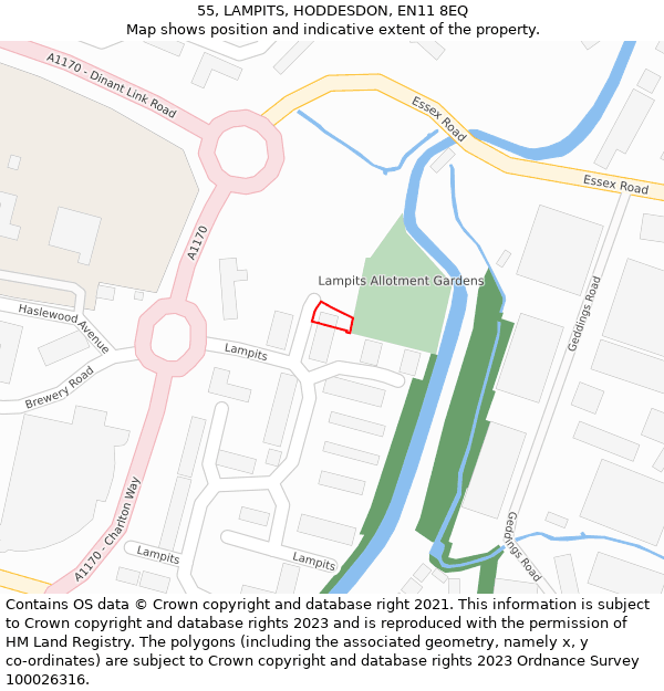 55, LAMPITS, HODDESDON, EN11 8EQ: Location map and indicative extent of plot