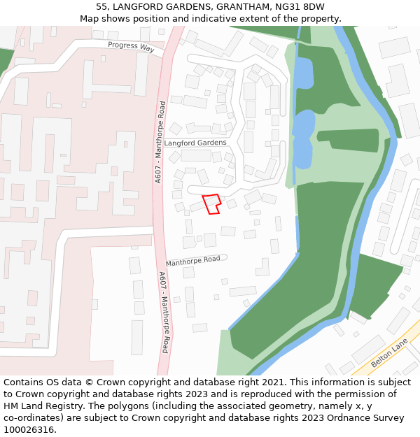 55, LANGFORD GARDENS, GRANTHAM, NG31 8DW: Location map and indicative extent of plot