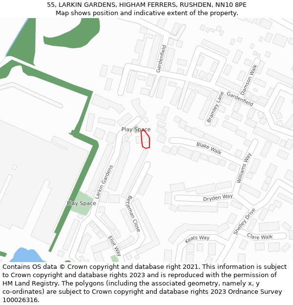 55, LARKIN GARDENS, HIGHAM FERRERS, RUSHDEN, NN10 8PE: Location map and indicative extent of plot