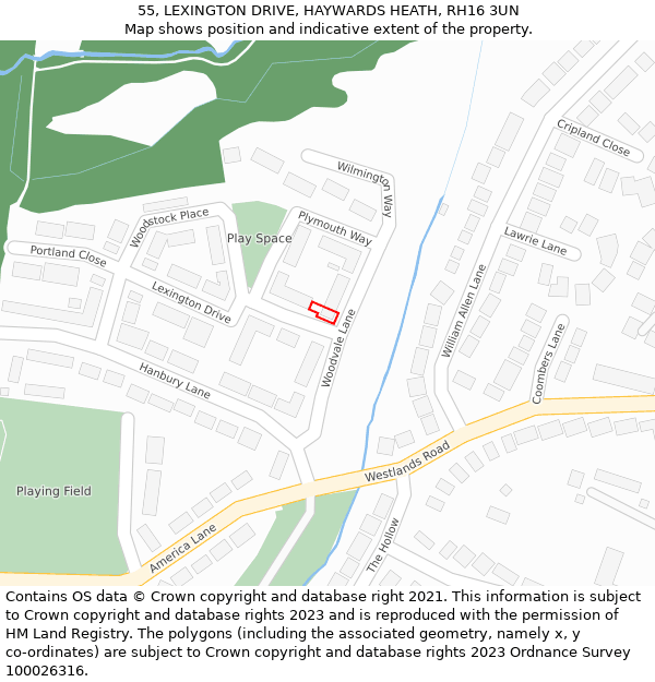 55, LEXINGTON DRIVE, HAYWARDS HEATH, RH16 3UN: Location map and indicative extent of plot