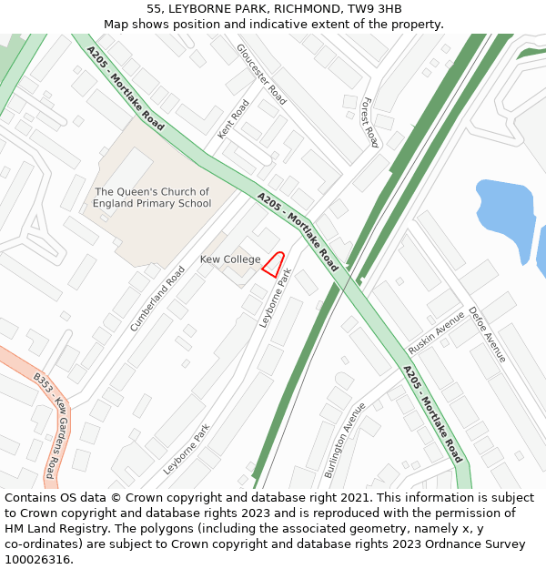 55, LEYBORNE PARK, RICHMOND, TW9 3HB: Location map and indicative extent of plot