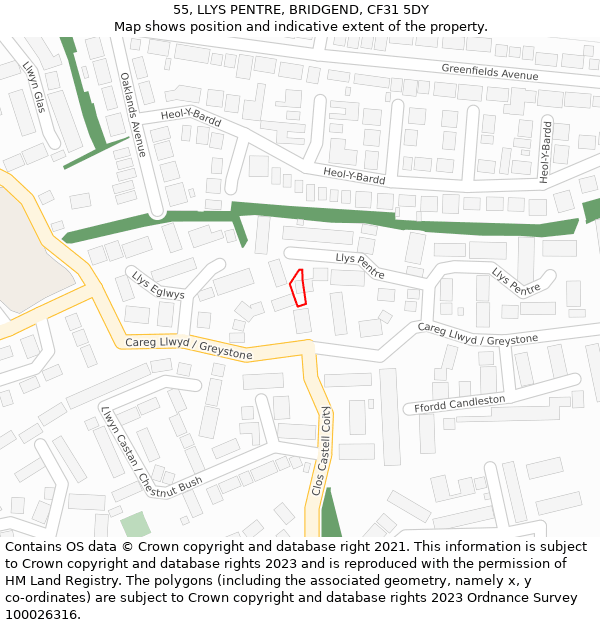 55, LLYS PENTRE, BRIDGEND, CF31 5DY: Location map and indicative extent of plot