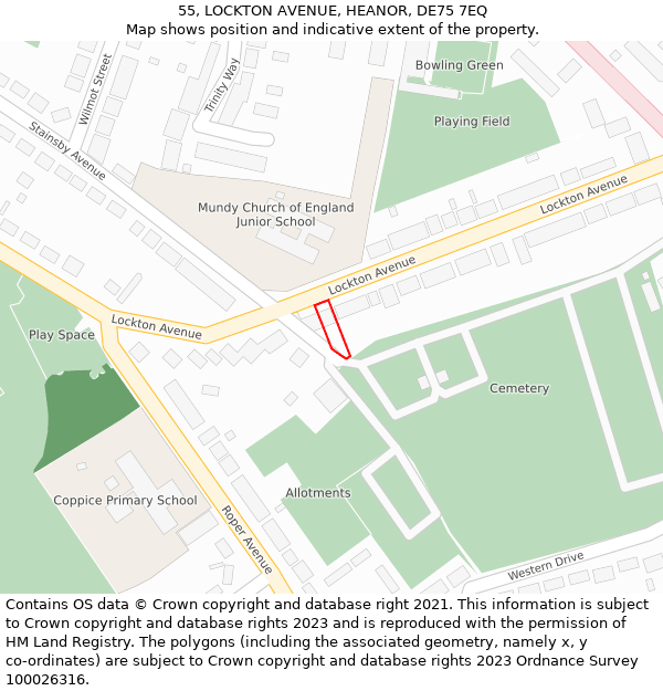 55, LOCKTON AVENUE, HEANOR, DE75 7EQ: Location map and indicative extent of plot