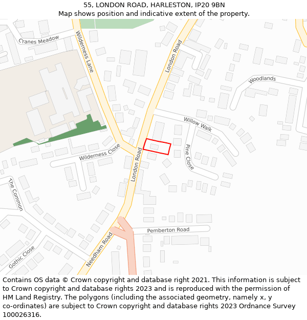 55, LONDON ROAD, HARLESTON, IP20 9BN: Location map and indicative extent of plot