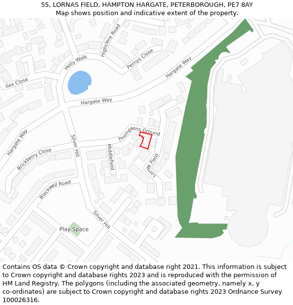 55, LORNAS FIELD, HAMPTON HARGATE, PETERBOROUGH, PE7 8AY: Location map and indicative extent of plot