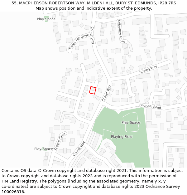 55, MACPHERSON ROBERTSON WAY, MILDENHALL, BURY ST. EDMUNDS, IP28 7RS: Location map and indicative extent of plot