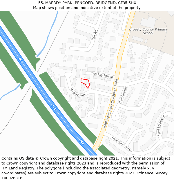 55, MAERDY PARK, PENCOED, BRIDGEND, CF35 5HX: Location map and indicative extent of plot