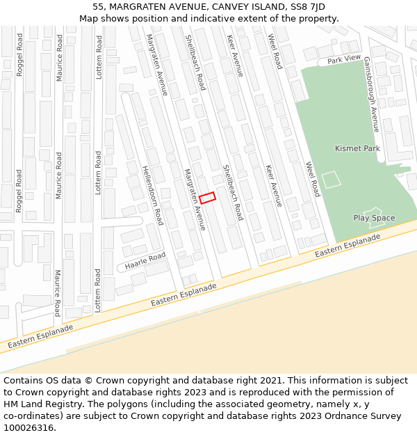 55, MARGRATEN AVENUE, CANVEY ISLAND, SS8 7JD: Location map and indicative extent of plot