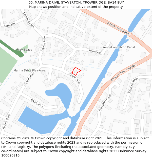 55, MARINA DRIVE, STAVERTON, TROWBRIDGE, BA14 8UY: Location map and indicative extent of plot