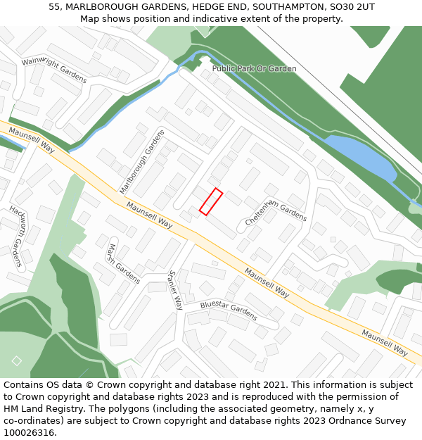 55, MARLBOROUGH GARDENS, HEDGE END, SOUTHAMPTON, SO30 2UT: Location map and indicative extent of plot