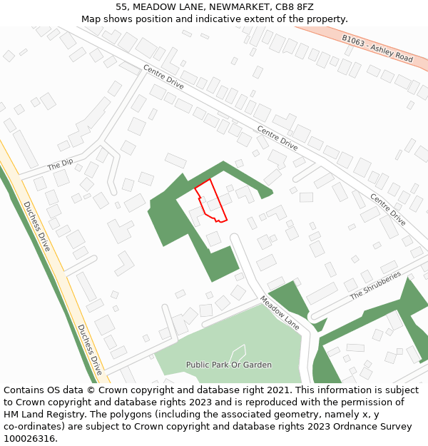 55, MEADOW LANE, NEWMARKET, CB8 8FZ: Location map and indicative extent of plot