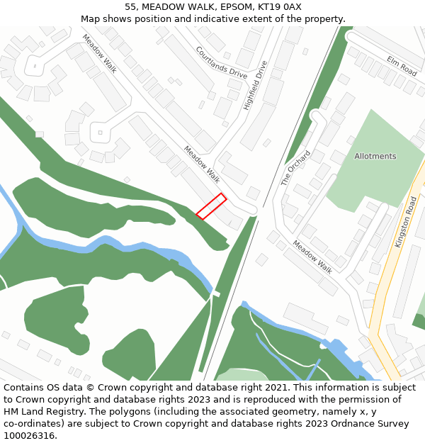 55, MEADOW WALK, EPSOM, KT19 0AX: Location map and indicative extent of plot