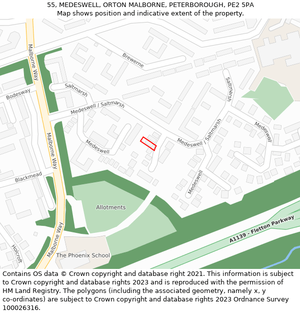 55, MEDESWELL, ORTON MALBORNE, PETERBOROUGH, PE2 5PA: Location map and indicative extent of plot