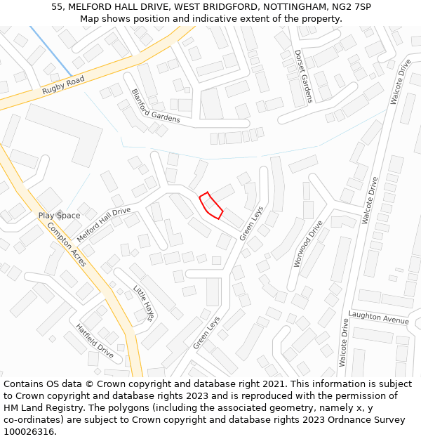 55, MELFORD HALL DRIVE, WEST BRIDGFORD, NOTTINGHAM, NG2 7SP: Location map and indicative extent of plot