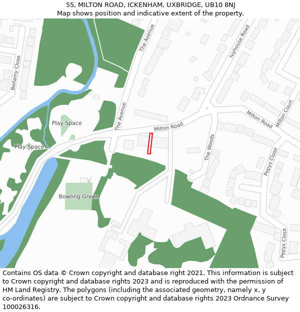 55, MILTON ROAD, ICKENHAM, UXBRIDGE, UB10 8NJ: Location map and indicative extent of plot