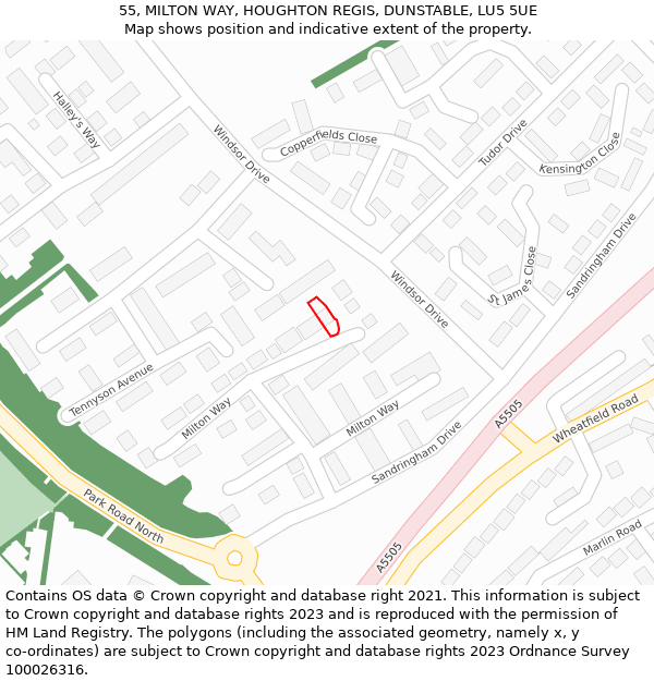 55, MILTON WAY, HOUGHTON REGIS, DUNSTABLE, LU5 5UE: Location map and indicative extent of plot