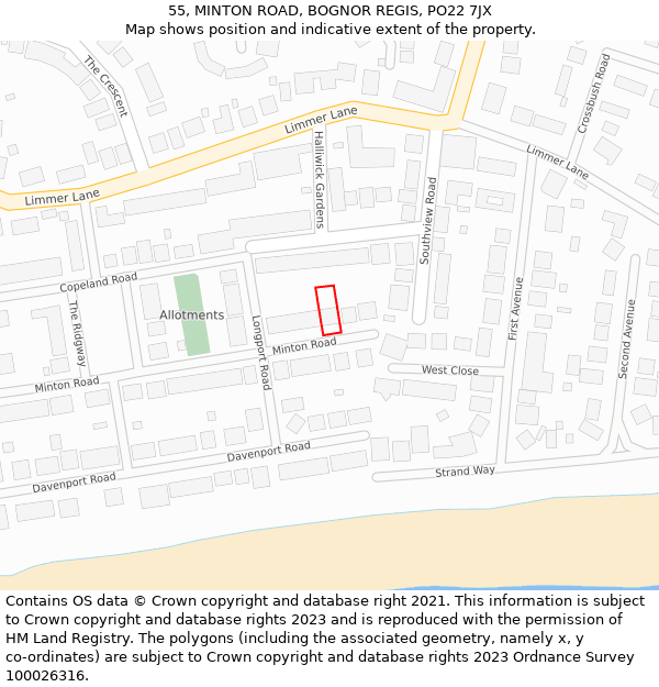 55, MINTON ROAD, BOGNOR REGIS, PO22 7JX: Location map and indicative extent of plot