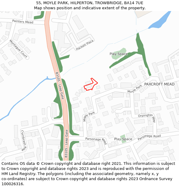 55, MOYLE PARK, HILPERTON, TROWBRIDGE, BA14 7UE: Location map and indicative extent of plot