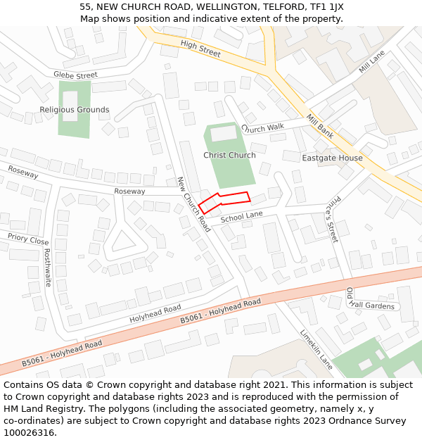 55, NEW CHURCH ROAD, WELLINGTON, TELFORD, TF1 1JX: Location map and indicative extent of plot