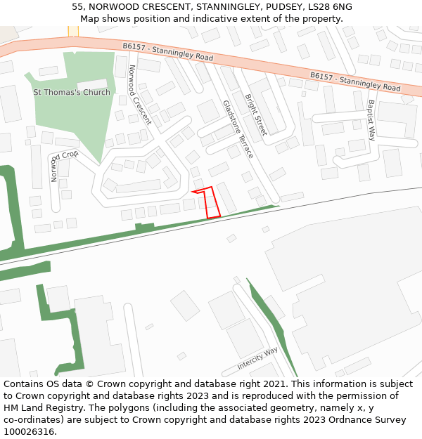 55, NORWOOD CRESCENT, STANNINGLEY, PUDSEY, LS28 6NG: Location map and indicative extent of plot