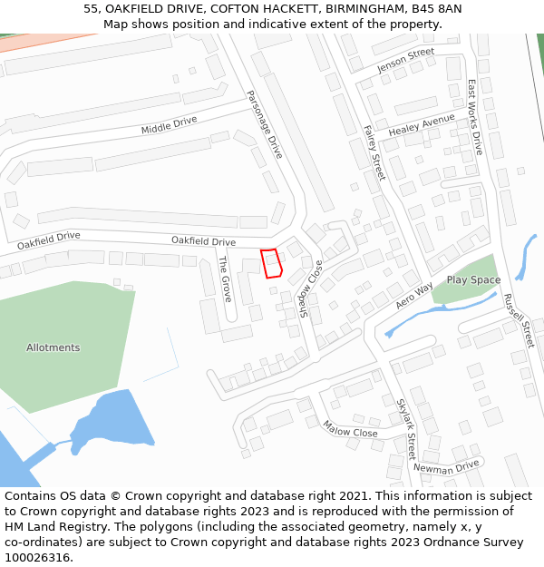 55, OAKFIELD DRIVE, COFTON HACKETT, BIRMINGHAM, B45 8AN: Location map and indicative extent of plot