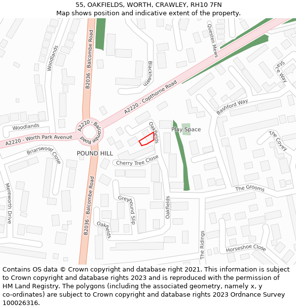 55, OAKFIELDS, WORTH, CRAWLEY, RH10 7FN: Location map and indicative extent of plot