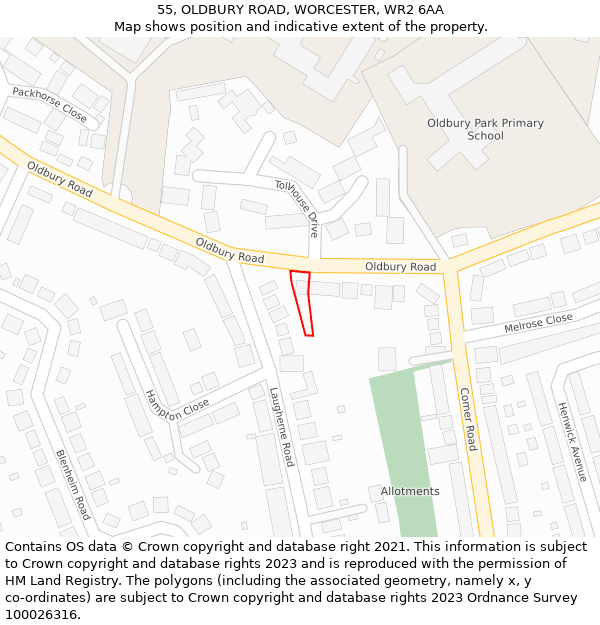 55, OLDBURY ROAD, WORCESTER, WR2 6AA: Location map and indicative extent of plot