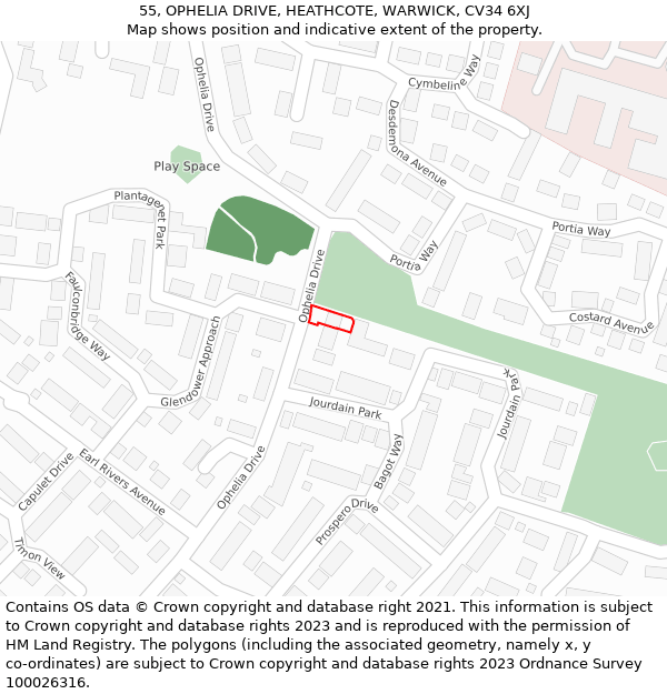 55, OPHELIA DRIVE, HEATHCOTE, WARWICK, CV34 6XJ: Location map and indicative extent of plot