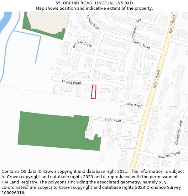 55, ORCHID ROAD, LINCOLN, LN5 9XD: Location map and indicative extent of plot