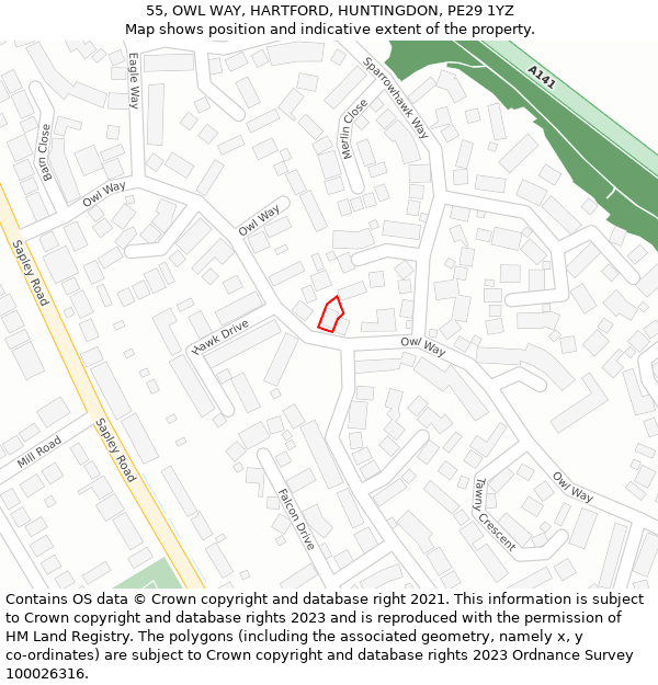 55, OWL WAY, HARTFORD, HUNTINGDON, PE29 1YZ: Location map and indicative extent of plot