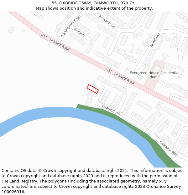 55, OXBRIDGE WAY, TAMWORTH, B79 7YL: Location map and indicative extent of plot