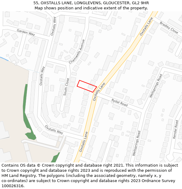 55, OXSTALLS LANE, LONGLEVENS, GLOUCESTER, GL2 9HR: Location map and indicative extent of plot