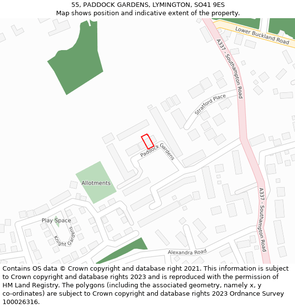 55, PADDOCK GARDENS, LYMINGTON, SO41 9ES: Location map and indicative extent of plot