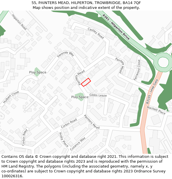 55, PAINTERS MEAD, HILPERTON, TROWBRIDGE, BA14 7QF: Location map and indicative extent of plot